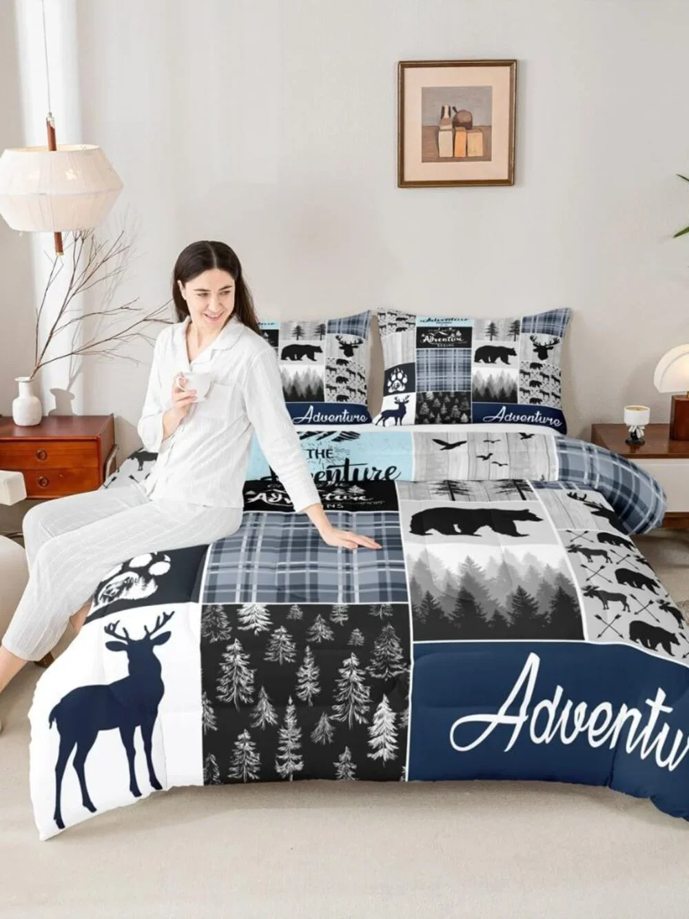 Farmhouse Cabin Comforter Set, Rustic Bear Deer Bedding Set Twin Size Woodland C